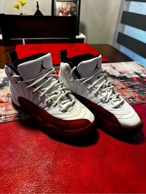 Jordan 12s White and Red High-Top Basketball Sneakers for Big Kids size 4.5